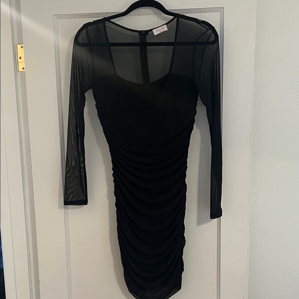 Pink Lily Black Ruched Mesh Sleeve Dress